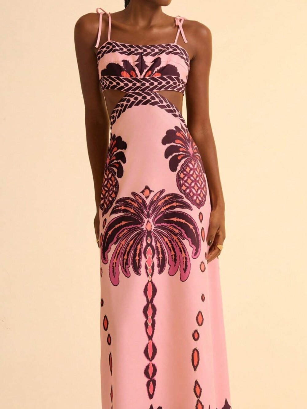 Pink Boho Women's Print Cut Out Waist Midi Dress